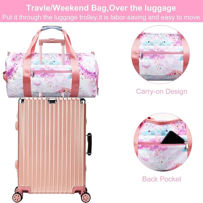 Gym Travel Duffle Bag for Girls - Gymnastics Sports Dance Bag with Shoe Compartment & Wet Pocket Unicorn Kids Travel Bag Teens Weekender Sleepover Carry On Bag