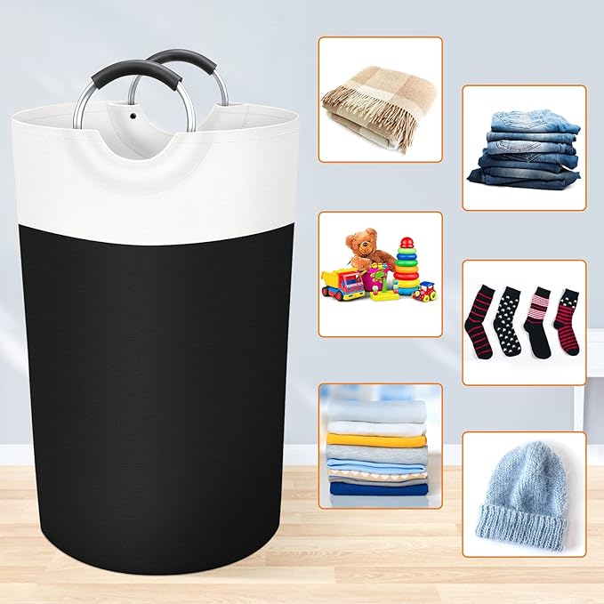 BlissTotes 90L Laundry Basket, Freestanding Laundry Hamper, Collapsible Dirty Clothes Hamper, Waterproof Fabric with Foam Protected Aluminum Handles for College, Dorm, Family (Black)