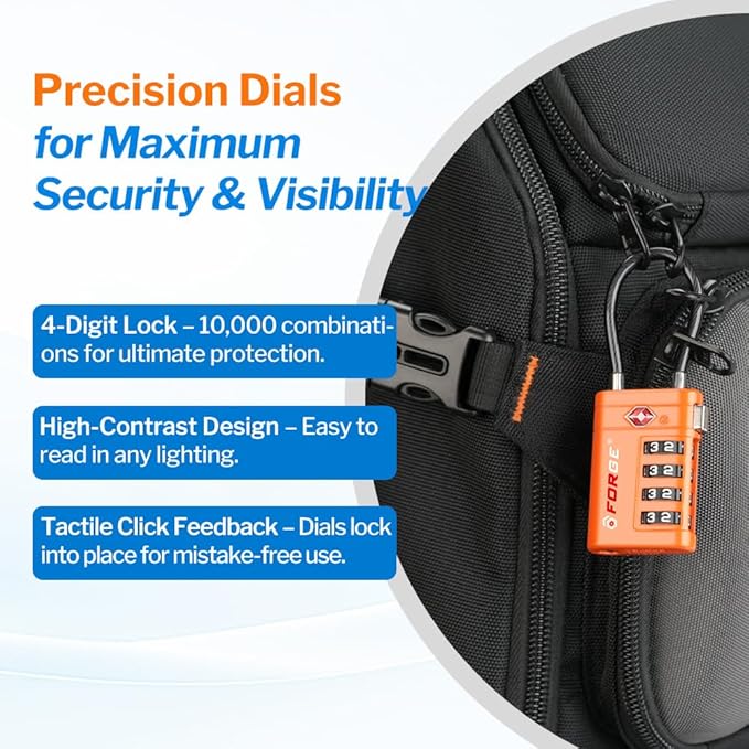 Forge TSA Approved Luggage Locks 4 Digit Combination TSA Travel Locks with TSA008, Open Alert Indicator, Zinc Alloy Body for Luggage, Suitcase, Backpack, and More. Orange 2 Locks.