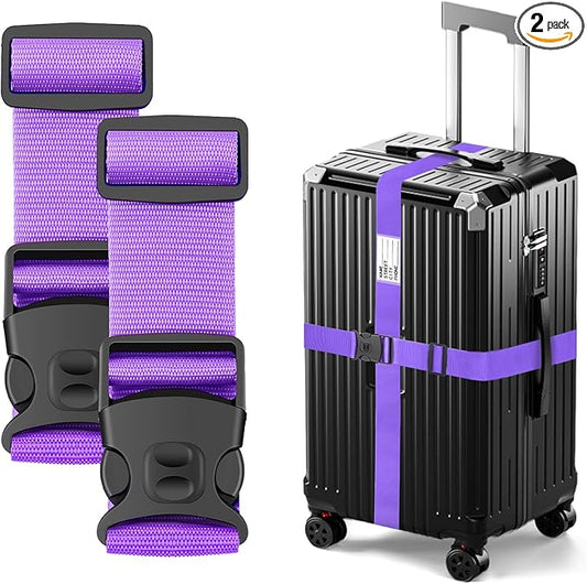 BILIONE Luggage Straps Adjustable Suitcase Belt, Lockable Against Accidental Opening, Easy to Identify Travel Accessories, Add a Bag Connector Holds Suitcase Together (2, Lucky Purple)