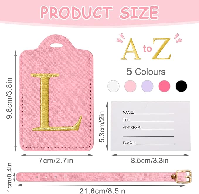 Personalized Initial Luggage Tags for Suitcases, Cute PU Leather Embroidered Letter Travel Luggage Tags, Suitcase Identifier Name Baggage Tag, Bag Tags for Men Women Kids Luggage Handbags(Pink L)