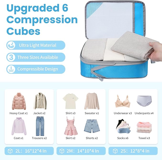 Compression Packing Cubes for Travel, Lightweight Vacation Travel Essentials, Travel Accessories for Suitcase Organizer Bags Set, Durable Luggage Organizer