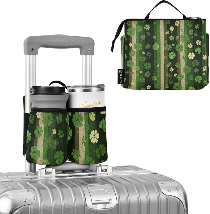 Luggage Cup Holder for Suitcases Free Hands Travel Cup Holder Portable Suitcase Cup Drink Holder Luggage Cup Caddy Bag Carrier Green Stripes Clovers