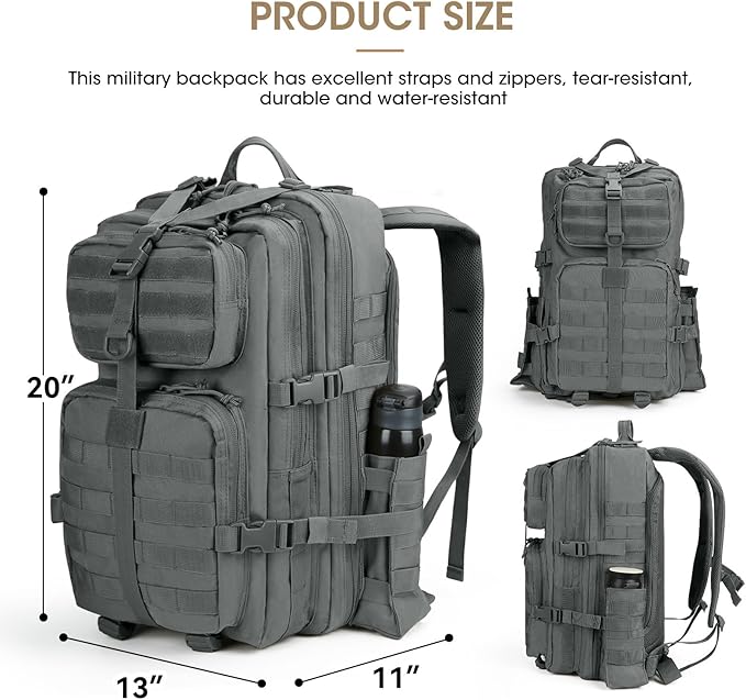REEWBOW GEAR 40L Military Tactical Backpack For Men 3 Day Survival Heavy Duty Daypack MOLLE Bug Out Bag Hiking Rucksack (Grey with Bottle Holder)