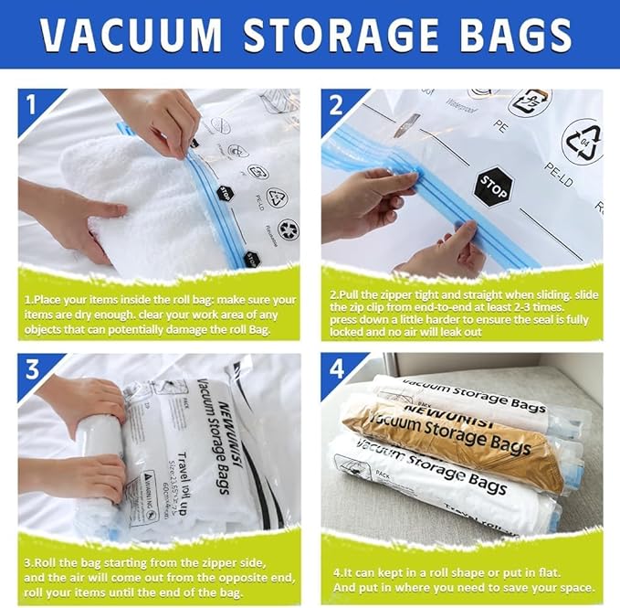 12 Pack Vacuum Storage Bags, Compression Bags for Travel, Roll Up Reusable Travel Space Saver for Luggage, Camping, and Storage (No Vacuum or Pump Needed).