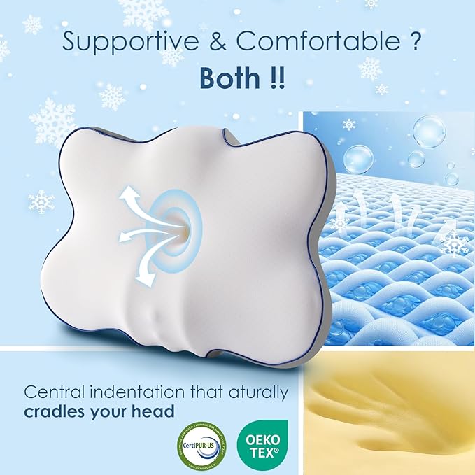 Cervical Neck Pillow for Pain Relief, Ergonomic Side Sleeper Pillow for Neck Support, Cooling Memory Foam Pillows Contour Orthopedic Bed Pillow for Back Stomach Sleepers (White)