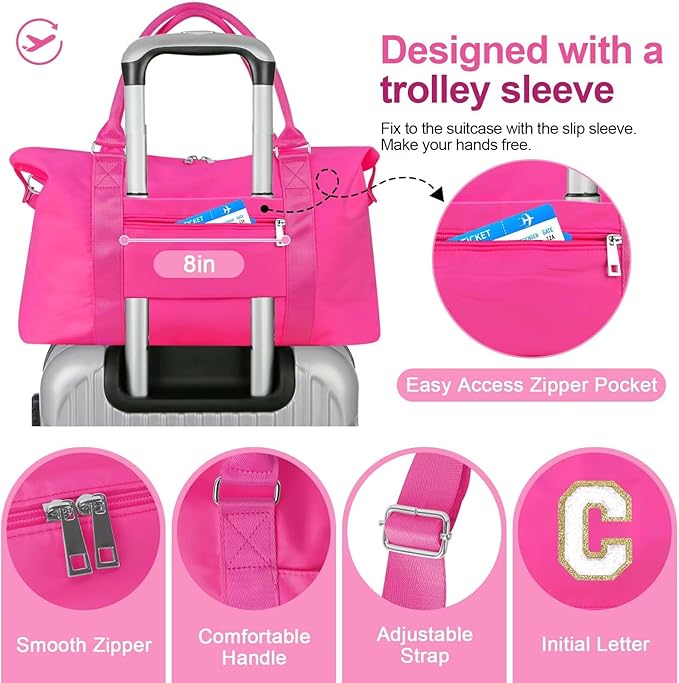 Dance Gym Duffel Bag for Teen Girls, Personalized Initial Travel Weekender Bag,Cute Overnight Carry On Duffle for Women,Sports Travel Cheer Bag,Monogram Christmas Gifts for Tween Preppy(rosered-C)