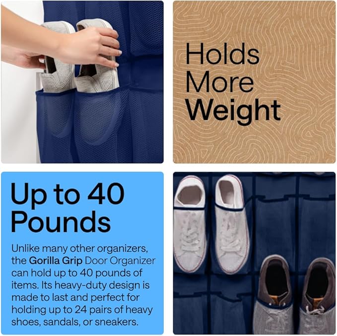 GORILLA GRIP Over the Door Shoe Organizer, 24 Large Breathable Mesh Pockets, Space Saving Hanging Storage Holder, Closet Rack Hanger Holds Up to 40 lbs, Hangs on Closets for Shoes, Accessories, Navy