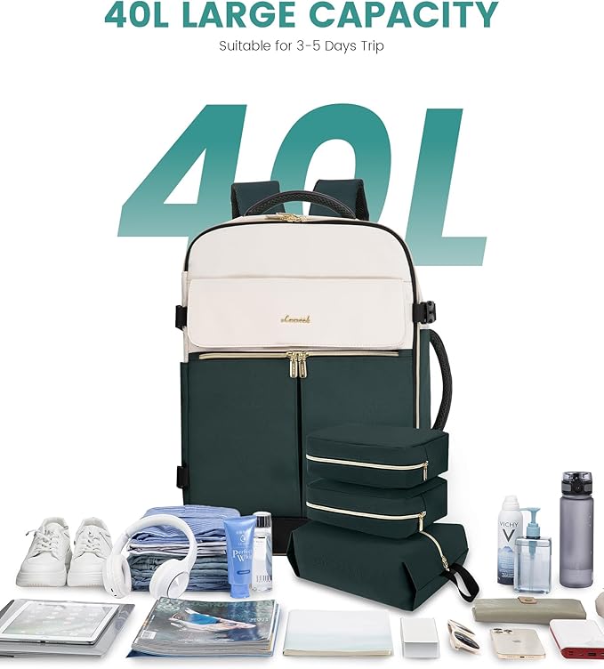 LOVEVOOK Travel Backpack, Carry On Backpack for Women, 40L Flight Approved Personal Item Backpack, Large Water Resistant Luggage Daypack with 3 Packing Cubes, fits 17inch Laptop, Beige-green-black