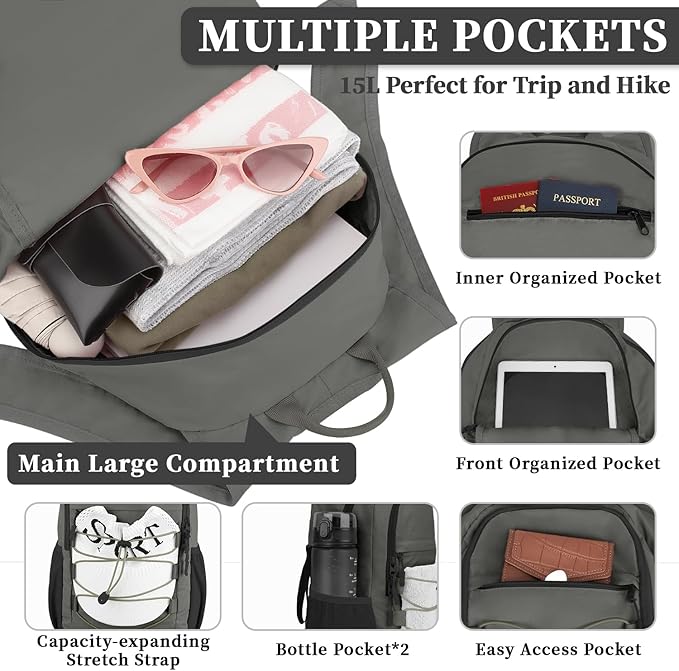 ZOMFELT Hiking Backpack for Women Men, 15L Lightweight Packable Backpacks for Trip, Water Resistant Small Travel Backpack, Foldable daypack for Hiking, Walking, Cycling, Camping, Grey & Black