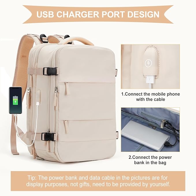 coowoz Large Travel Backpack For Women Men, Carry On Backpack,Hiking Backpack Waterproof Outdoor Sports Rucksack Casual Daypack Expandable Heavy Duty Extra large Backpack Beige Expansion