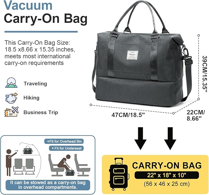 Weekender Bags for Women,Vacuum Overnight Travel Duffel Bag with Compression Pocket & Air Pump, Personal Item Travel Bag