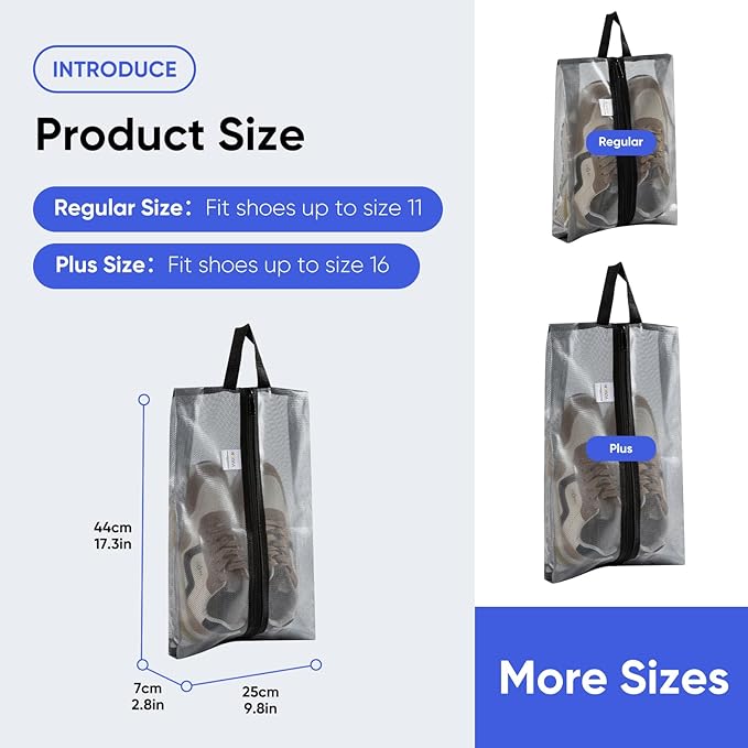 VUSIGN Plus-Sized Travel Shoe Bag, Water-Resistant Shoe Pouch for Gym and Sport, Odor-Resistant Soccer Cleats Bag (Gray, 2-Pack)