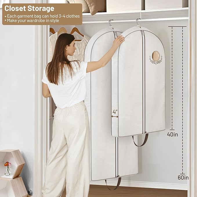 MISSLO 40" Cotton Garment Bags for Hanging Clothes Breathable Suit Cover Luxury Hanging Clothes Storage Foldable Coat Covers for Closet & Travel for Jacket, Shirt, Dress