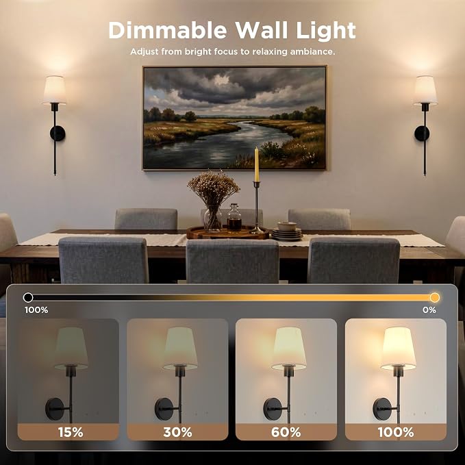 Brightown Battery Operated Wall Sconces Set of 2,Black Sconces Wall Decor | RGBWW Rechargeable Wall Lights with Dimmable Magnetic Bulbs & Remote, Wireless Wall Lamp for Living Room Bedroom Hallway