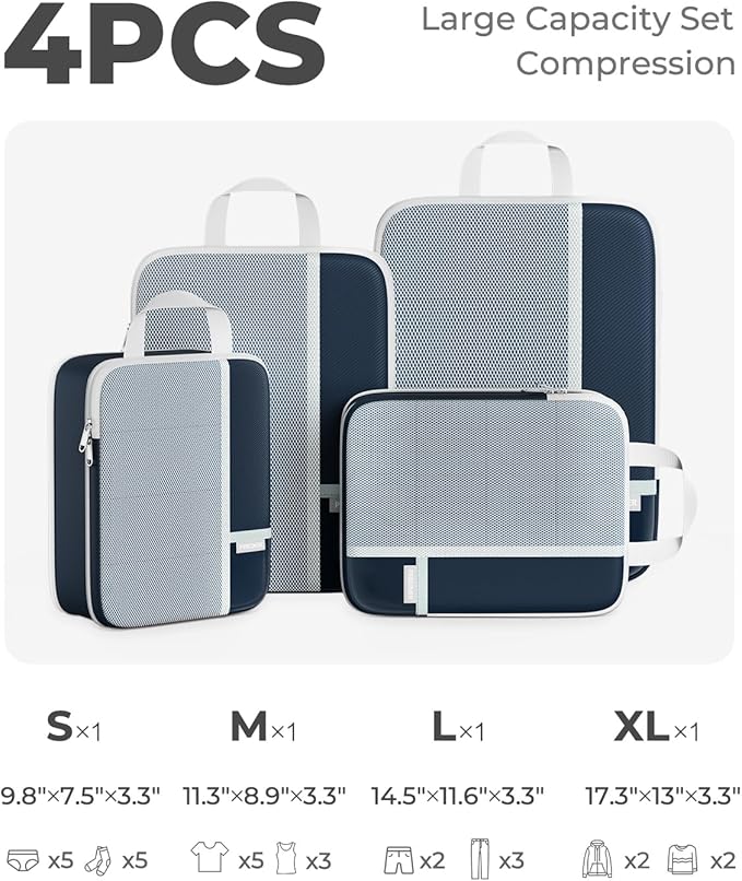 Percover Compression Packing Cubes 4-Piece Set, Packing Cubes Compression for Travel with Label Pockets, Travel Organizer for Carry On & Checked Luggage, Navy Blue