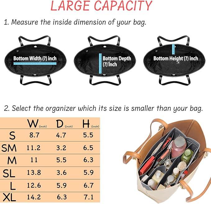 DailyPlus Purse Organizer Insert - Felt Bag Organizer for Tote Purse Bag with 14 Pockets - Grey Large