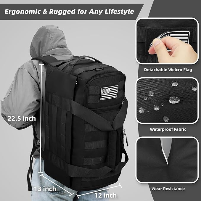 ZOMFELT Tactical Gym Bags for Men, Travel Duffle Bag with Removable Dividers & Innovative Shoe Compartment, 3-in-1 Waterproof MOLLE Gym Duffel Backpack, Airplane Carry-On Approved, Black