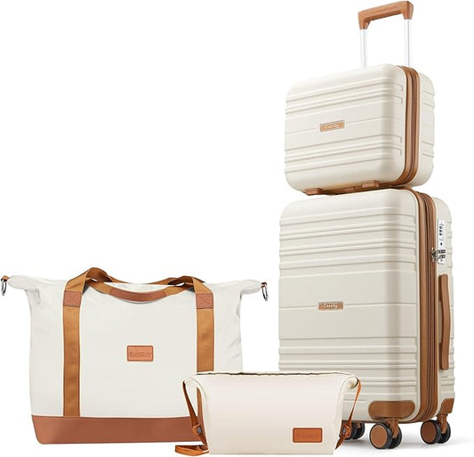Luggage Sets 4 Piece, 20 Inch Expandable Carry On Suitcase with TSA Lock & Spinner Wheels, Lightweight Travel Luggage Sets with YKK Zippers (Beige, 4 Piece Sets(14/20/DB/TB))