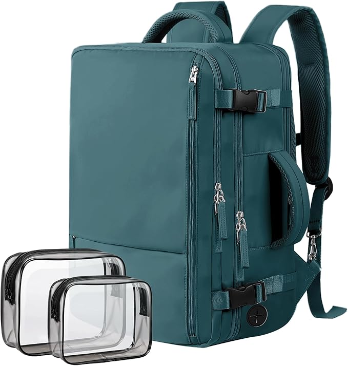 Hanples Personal Item Backpack,Travel Backpack for Women, 35L Carry on Backpack,17 Inch Laptop Backpack with USB Charging Port, Travel Essentials with 2 Toiletry Bags(Peacock Blue)