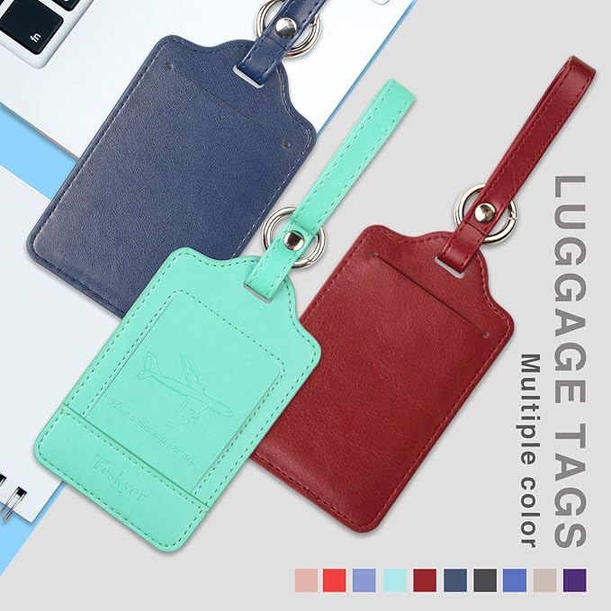 Teskyer Luggage Tags, 3 Pack Premium PU Leather Luggage Tags Privacy Protection Travel Bag Labels Suitcase Tags