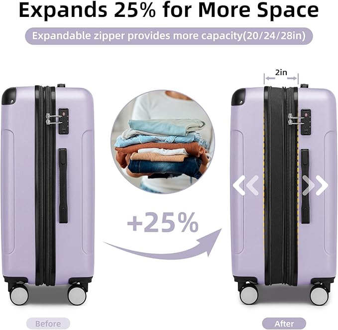 6 Piece Luggage Set Hard Shell - Lavender Expandable Suitcases with Spinner Wheels and Duffel Bags for Family Travel, Durable Carry On Luggage Sets with Lock for Women and Men