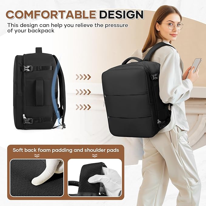 Travel Backpack For Women Men Carry on Backpack Luggage Flight Approved Personal item Travel Bag Essentials Mochila de viaje Laptop College Backpack Large Black