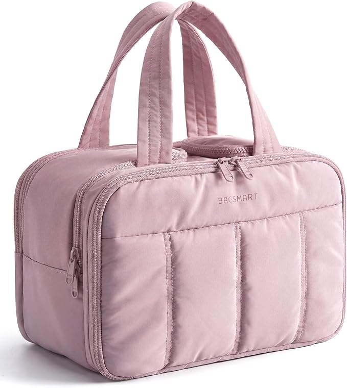 BAGSMART Travel Toiletry Bag, Puffy Large Toiletry Bag for Women, Lightweight Cosmetic Makeup Bag Organizer with Handle for Traveling, Accessories, Essentials, Toiletries (Purple)
