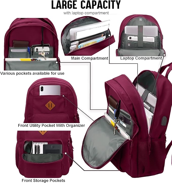 KEOFID Classic Anti-Theft Laptop Backpack for Men and Women, Burgundy, 17.3" x 12.6" x 7.2"