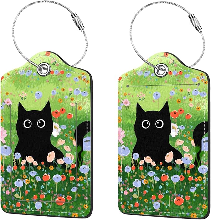 2 Pcs Luggage Tags for Suitcase, Cute Unique PU Leather Travel Bag Tag with Privacy Cover ID Label Address Card and Durable Metal Ring Suitable for Men Women Children Backpack,Black Cat On The Grass