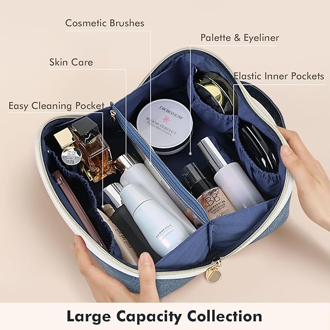 Prite Makeup Bag for Women Travel Waterproof Vegan Leather Cosmetic Bag Open Flat Toiletry Bag With Clear Divider and Handle (Large Blue Flower)
