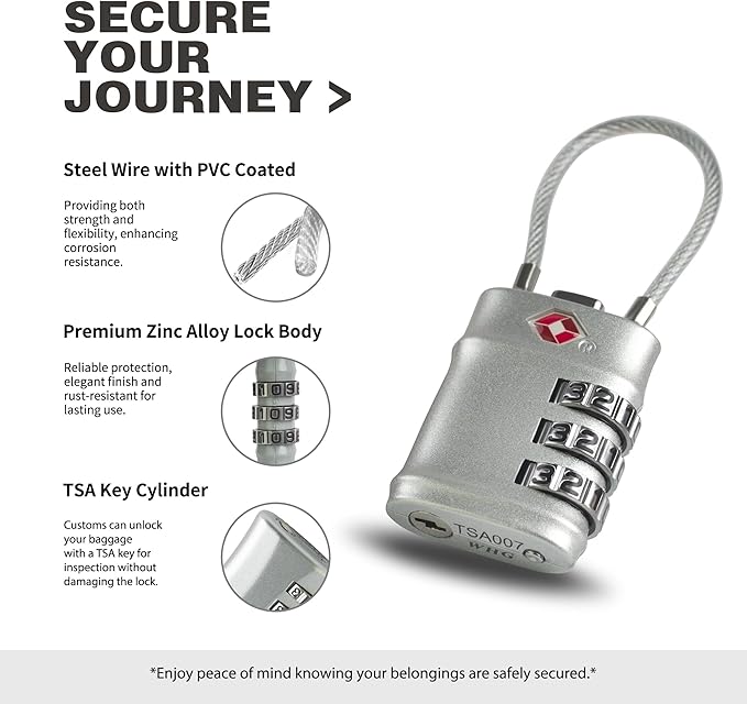 Luggage Locks TSA Approved, Small Padlock Combination with Cable, TSA Locks for Luggage, Combo Padlock with Code, for Travel Suitcase, Gym Locker, Gun Case, Backpack Zipper (Black+Silver)