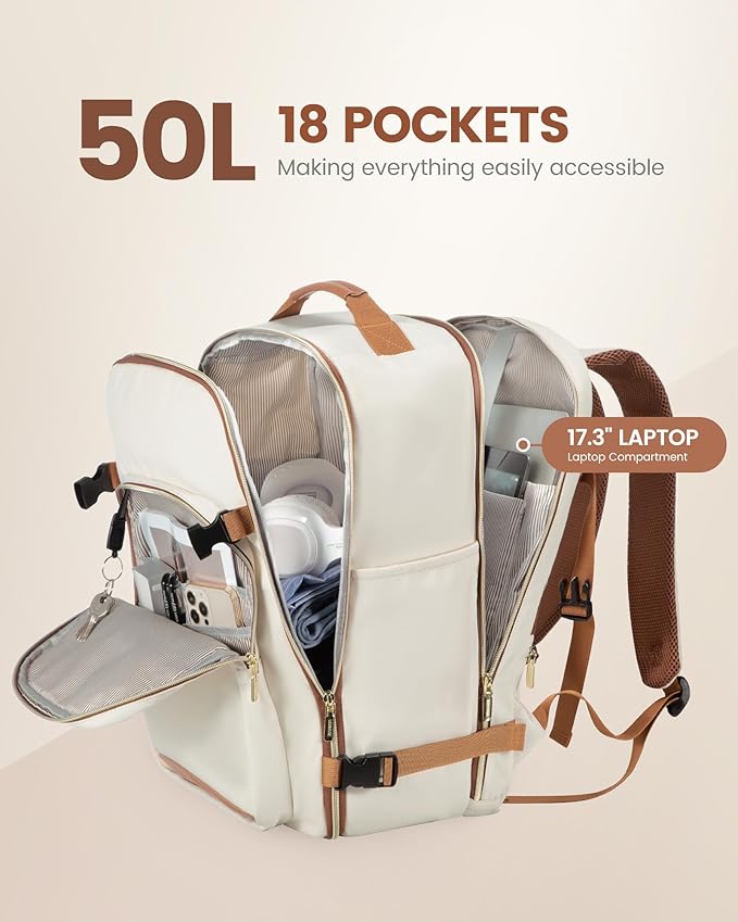 LOVEVOOK Travel Backpack for Women & Men 50L,Airline Approved Carry On Backpack Travel Essentials,TSA Carry on Luggage,Waterproof Personal Item Travel Bag,Suitcase with 3 Packing Cubes, Beige-Brown