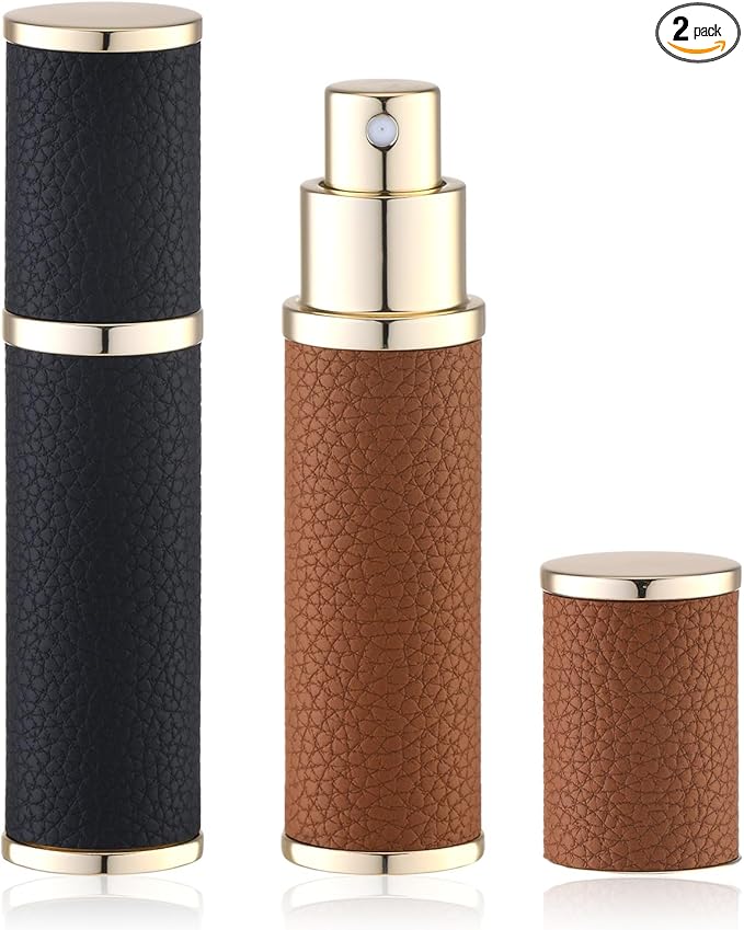 Travel Perfume Bottle Refillable - Mini Portable Cologne Atomizer Sprayer - Empty Travel Size Fragrance Pump Dispenser Container for Man - 10ml Black Brown 2PCS Small Leather Refill Sample