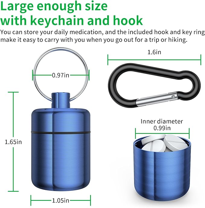 Small Pill Case, (3 Pack) Keychain Pill Holder with Strong Carabiners Portable Waterproof Travel Pill Container Carrier Mini Metal Pill Box Bottle with Keyring for Medicine Ear Plug Jewelry