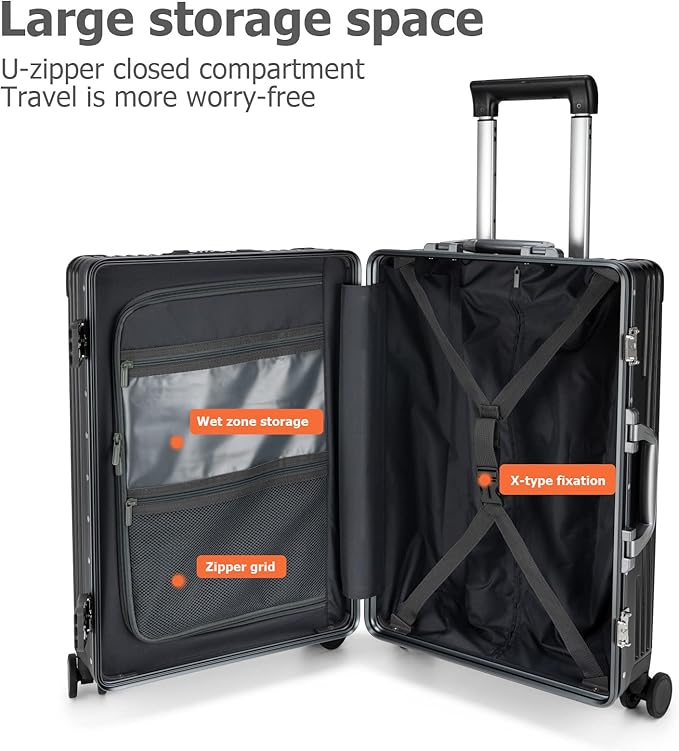 feilario Aluminium Frame PC Hard Shell Spinner Wheels Luggage,22.5"X15"X9.5" Airline Approved Built-In TSA lock Carry on Suitcase, with Cup Holder, USB Port, Phone Holder