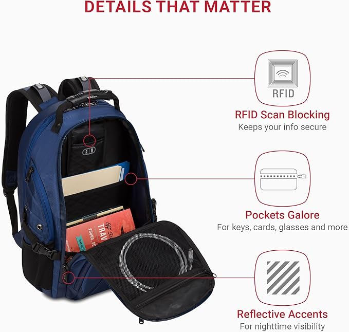SWISSGEAR 1900 ScanSmart TSA Laptop Backpack Fits 17 Inch Laptop with RFID Protection and Tablet Pocket, Navy Ballistic, 19-Inch