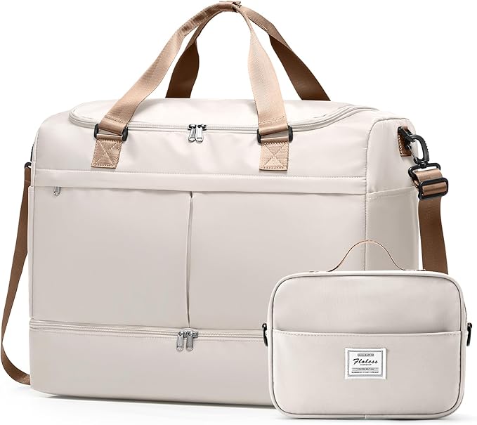 Large Travel Duffel Bag,Weekender Bag for Women with Shoe Compartment & Toiletry Bag, Overnight Carry on Bag for Travel, Gym, Hospital, Business,Beige & Brown