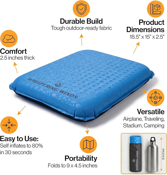 Whispering Winds Inflatable Seat Cushion - Comfortable Blow-up Foam Pad for Airplane, Travel, Stadium, Outdoors, Camping, Car & More