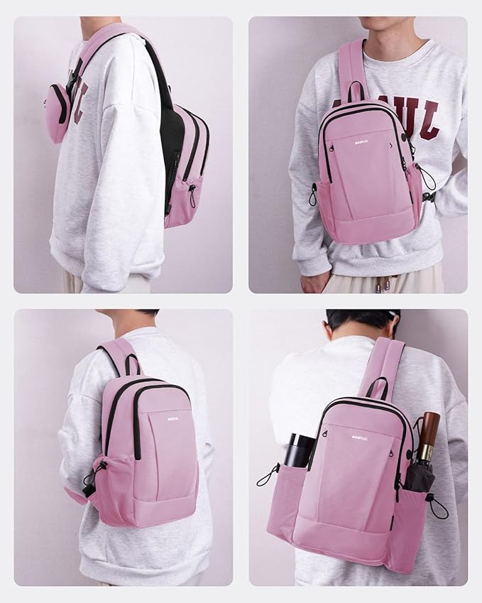 ECOHUB Anti-Theft Crossbody Bag Men Women, RFID Blocking Lightweight Sling Backpack Eco-Friendly with 9 Pockets Sturdy SBS Zippers Water Resistant for Travel Work Hiking Outdoor, Pink
