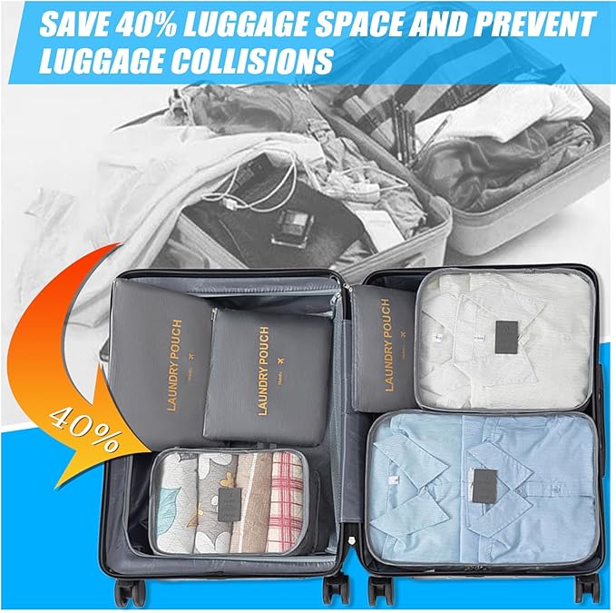 6 Set Packing Cubes for Travel Luggage Packing Bags Reusable Waterproof Suitcase Organizer Bags Set with Shoe Bag and Toiletry Bag (Grey)