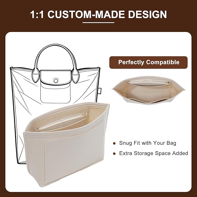 Doxo Felt Purse Organizer Insert for Longchamp Le Pliage M Totes, Longchamp Orgainzer Insert Meduim with 7 Compartments & YKK Zipper | Fits Long Champ Meidum Top Handle Tote Bag (SM, Beige)