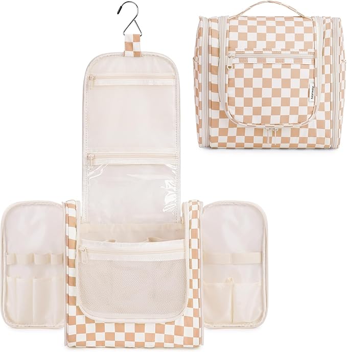 Narwey Checked Hanging Travel Toiletry Bag for Women, Travel Bag for Toiletries, Makeup Bag Organizer Cosmetic Bags Make Up Bags for Women (Light Checkerboard)
