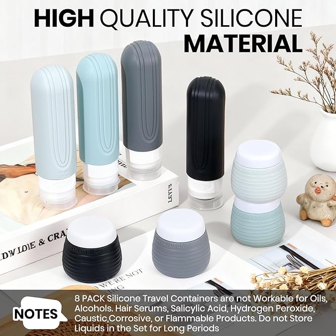 Travel Bottles for Toiletries 8 Pack, TSA Approved Travel Size Toiletries Containers Set, 4 Silicone Leak Proof Refillable Bottles and 4 Creams Jars Accessories Kit W/Clear Bag (GRAY)