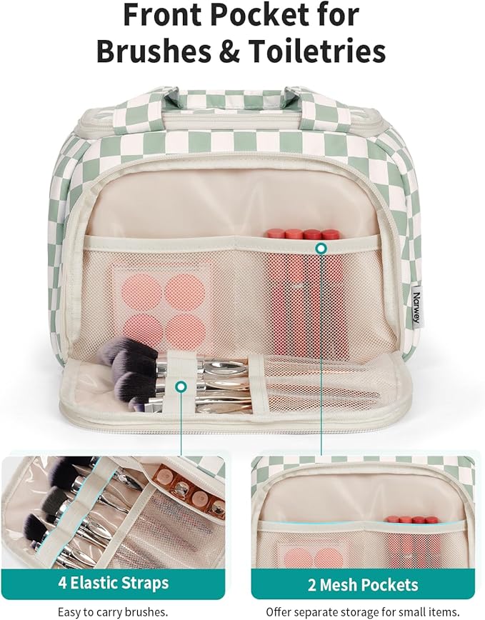 Narwey Checkered Travel Toiletry Bag for Women Large Makeup Bag, Wide-open Cosmetic Make Up Organizer with Handle, Travel Bag for Toiletries, Essentials, Accessories (Mint Green Checkerboard)