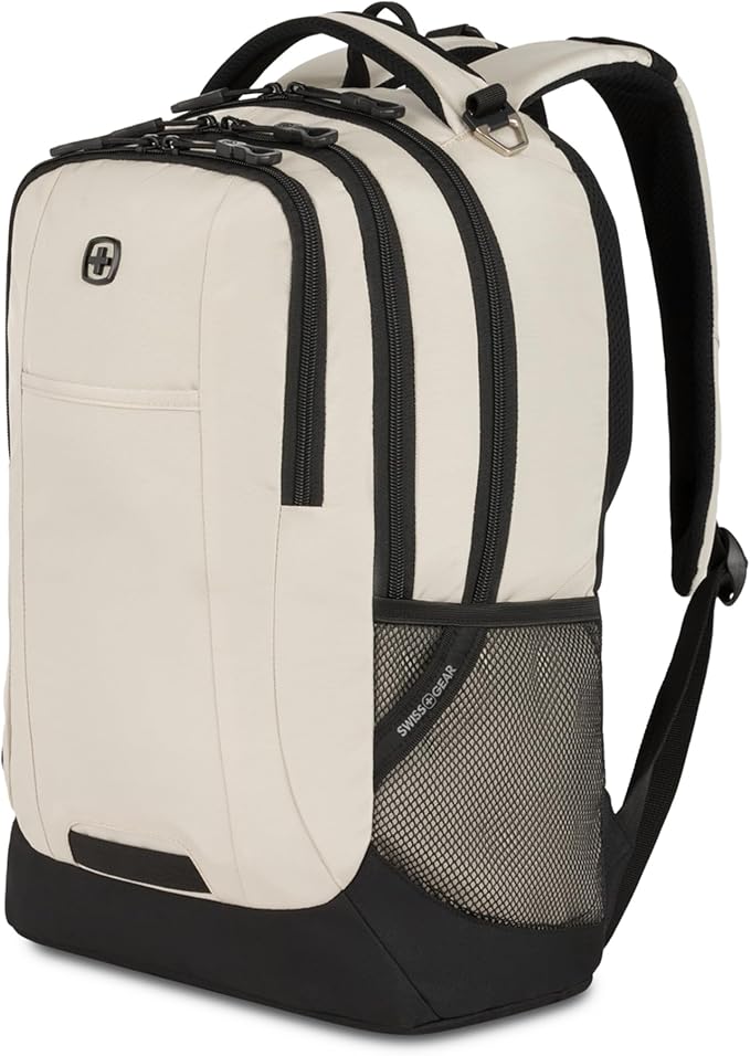 SWISSGEAR Cecil 18-Inch Laptop Backpack Fits 16-Inch Laptop, Travel Daypack with Organizer Pockets, Water Bottle Holders & Padded Straps – Cream/Black