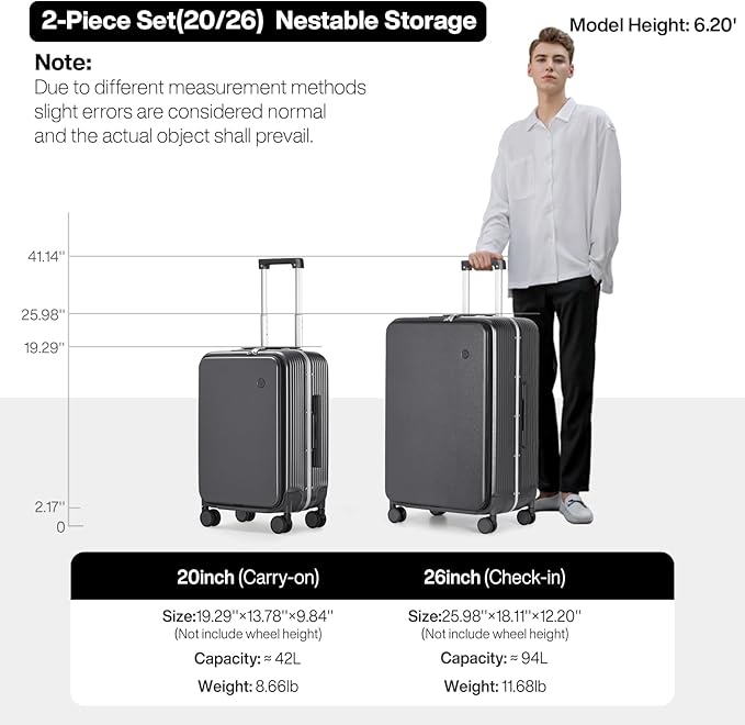 mixi 2-Piece Luggage Sets with Cup Phone Holder and Charger Hard Shell Suitcases with Spinner Wheels, 20+26 Rock Gray