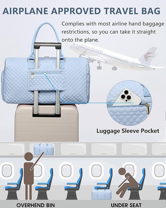Women Weekender Travel Duffle Bag: Travel Duffel Overnight Bags with Shoe Compartment Large Carry on Tote with Toiletry Bag Weekend Traveling Yoga Gym Hospital Bag for Women with Wet Pocket Light Blue