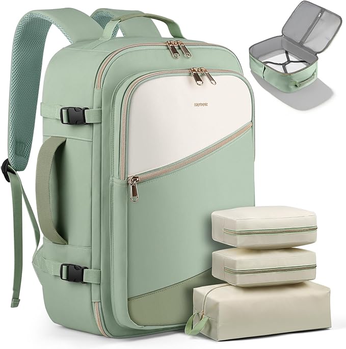 HOTOR Travel Backpack for Women – TSA-Friendly Travel Bag with Multiple Compartments & 3 Packing Cubes, Water-Resistant & Comfortable, Perfect for Travel Essentials, Green, 18.5" x 13.0" x 8.3"