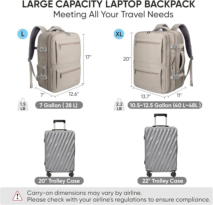 BALEINE Travel Backpack for Women Men, Large Sturdy Carry On Laptop Backpack Gifts for Business, Casual, Weekender, Hiking (Large, Khaki)